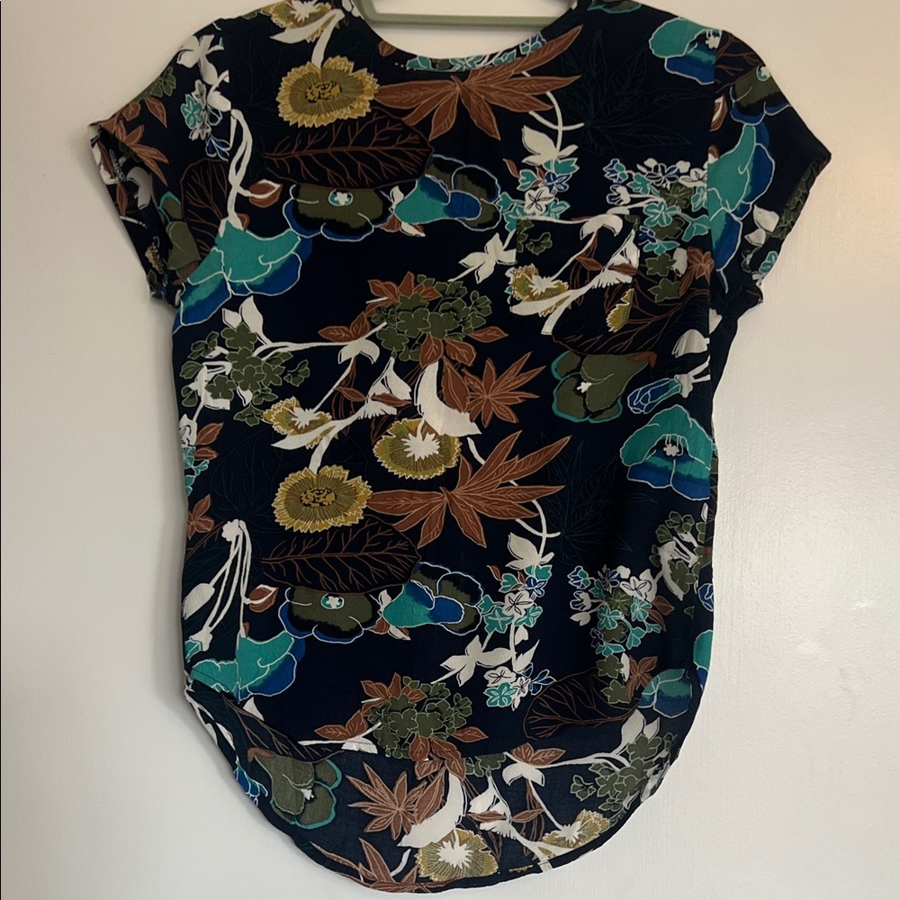 H&M Navy Floral Short Sleeve Blouse with Teal and Brown Accents